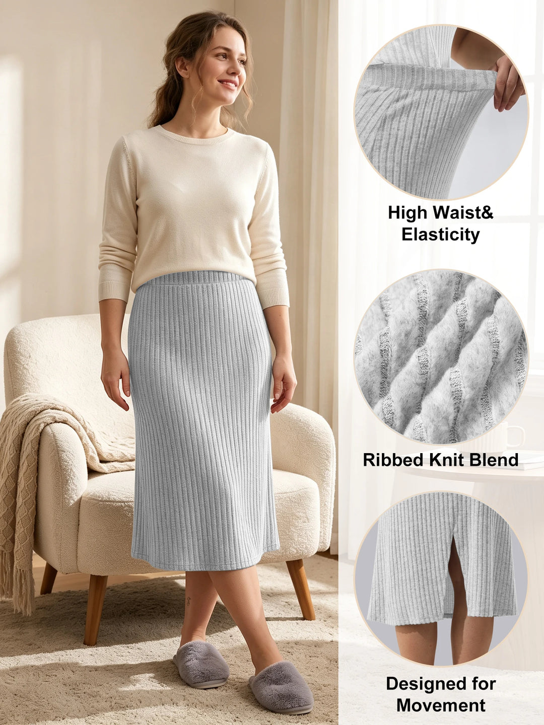 Light gray ribbed knit skirt with a high waist and straight midi-length hem.