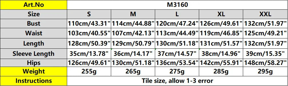 Size chart for jumpsuit Art.No M3160 with measurements for S to XXXL