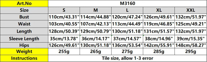 Size chart for jumpsuit Art.No M3160 with measurements for S to XXXL