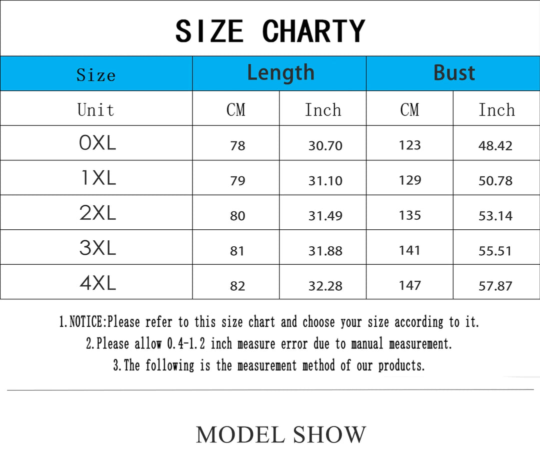 Size chart for clothing with measurements in centimeters and inches.