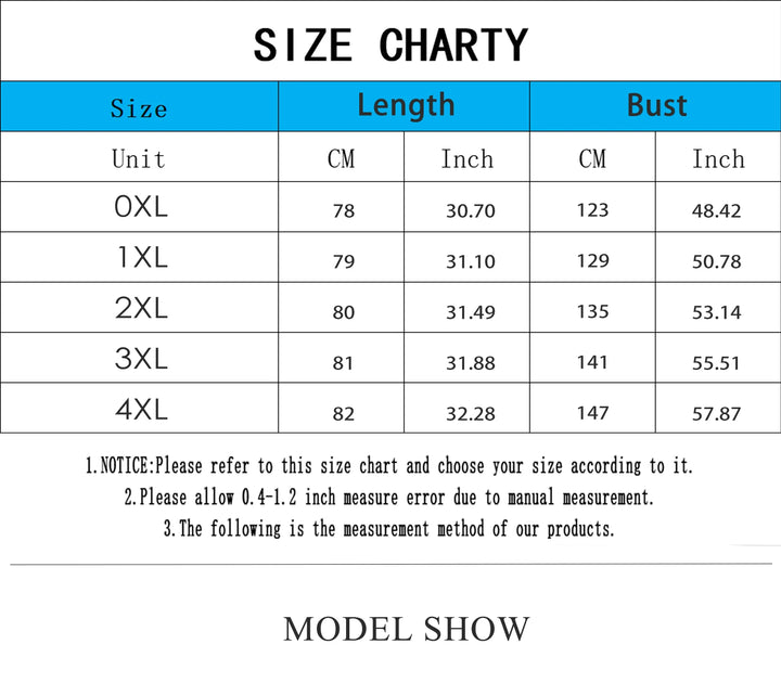Size chart for clothing with measurements in centimeters and inches.