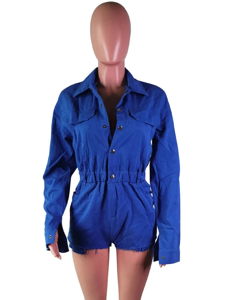 Coquettish Long Sleeve Single Breasted Cargo Denim Rompers