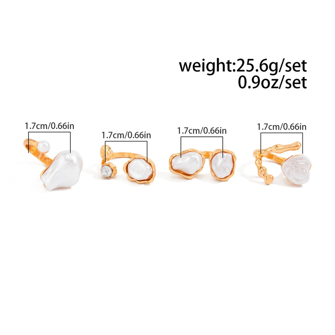 Women's open pearl ring set, gold-tone frames with white faux pearls, four styles
