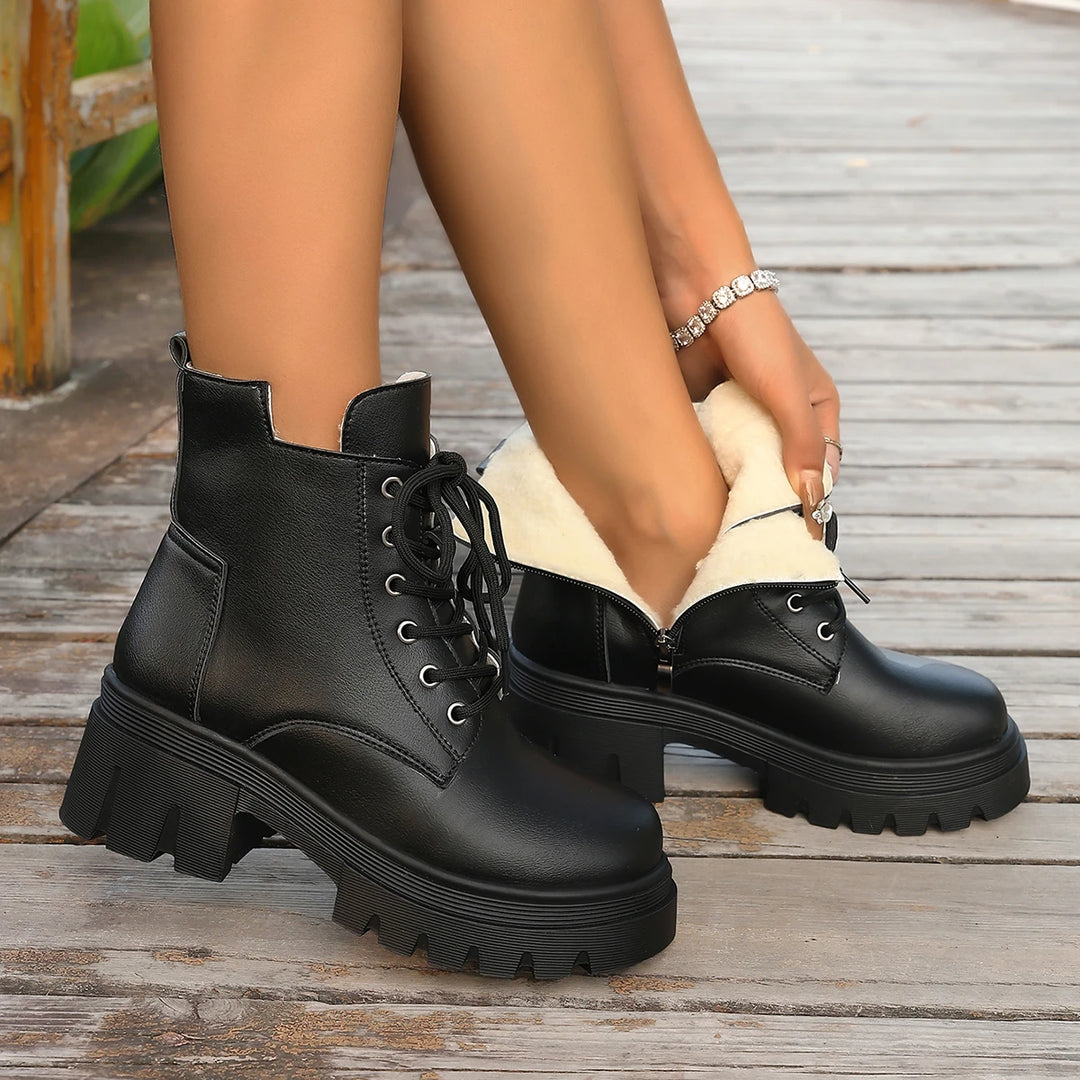 Plush Fur Gothic Punk Platform Motorcycle Boots - Flossy Mom