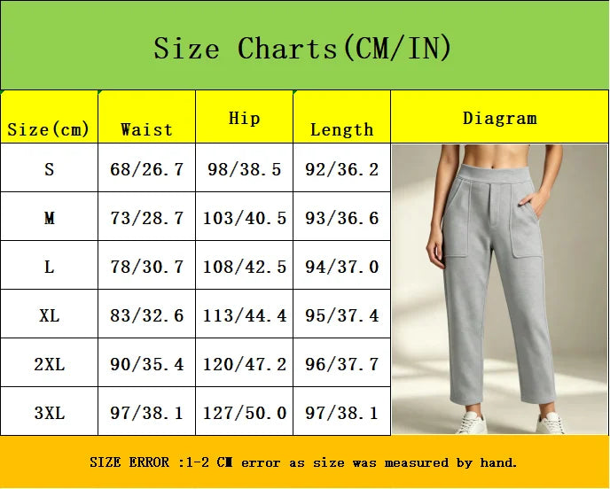 Women's gray straight-leg sweatpants with patch pockets, shown beside a size chart