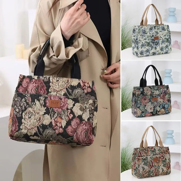 Floral Canvas Zip Tote With Jacquard Detail & Large Capacity