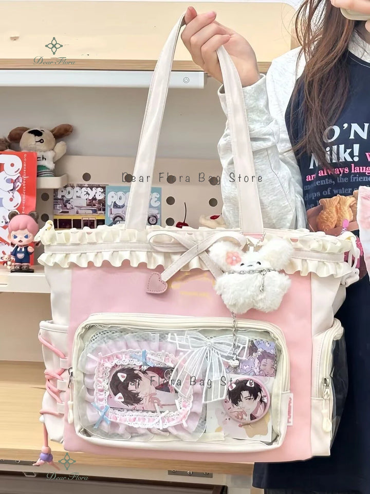 Y2K Lace Bow Transparent Tote — Sweet Lolita Patchwork Shoulder Bag With Insert