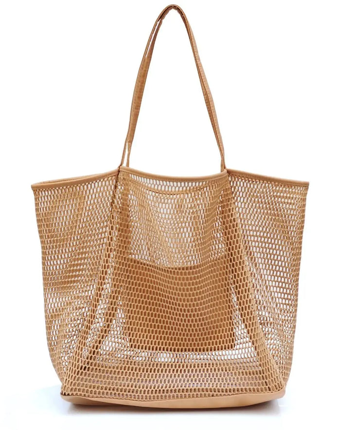 Breezy mesh tote in brown, tall open top with long shoulder handles
