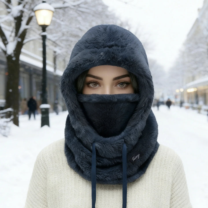 Dark plush polar fleece hood beanie with face cover and drawstring ties
