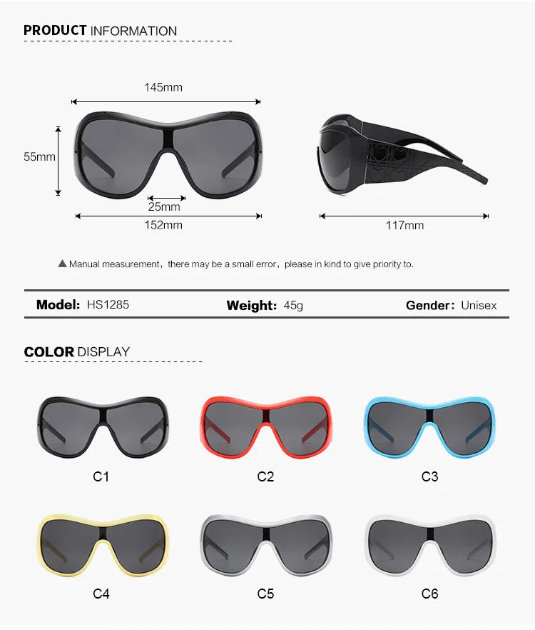 Product information and color display for sunglasses with measurements and color options.