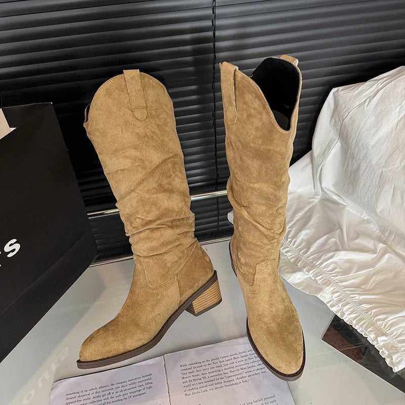 Pointed-Toe Knee-High PU Leather Heels Riding Boots - Flossy Mom