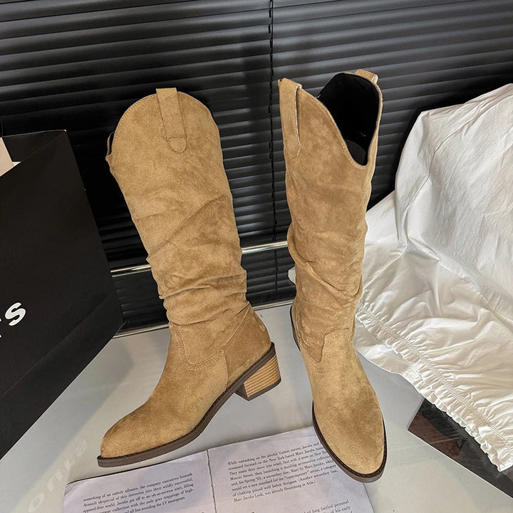 Pointed-Toe Knee-High PU Leather Heels Riding Boots - Flossy Mom