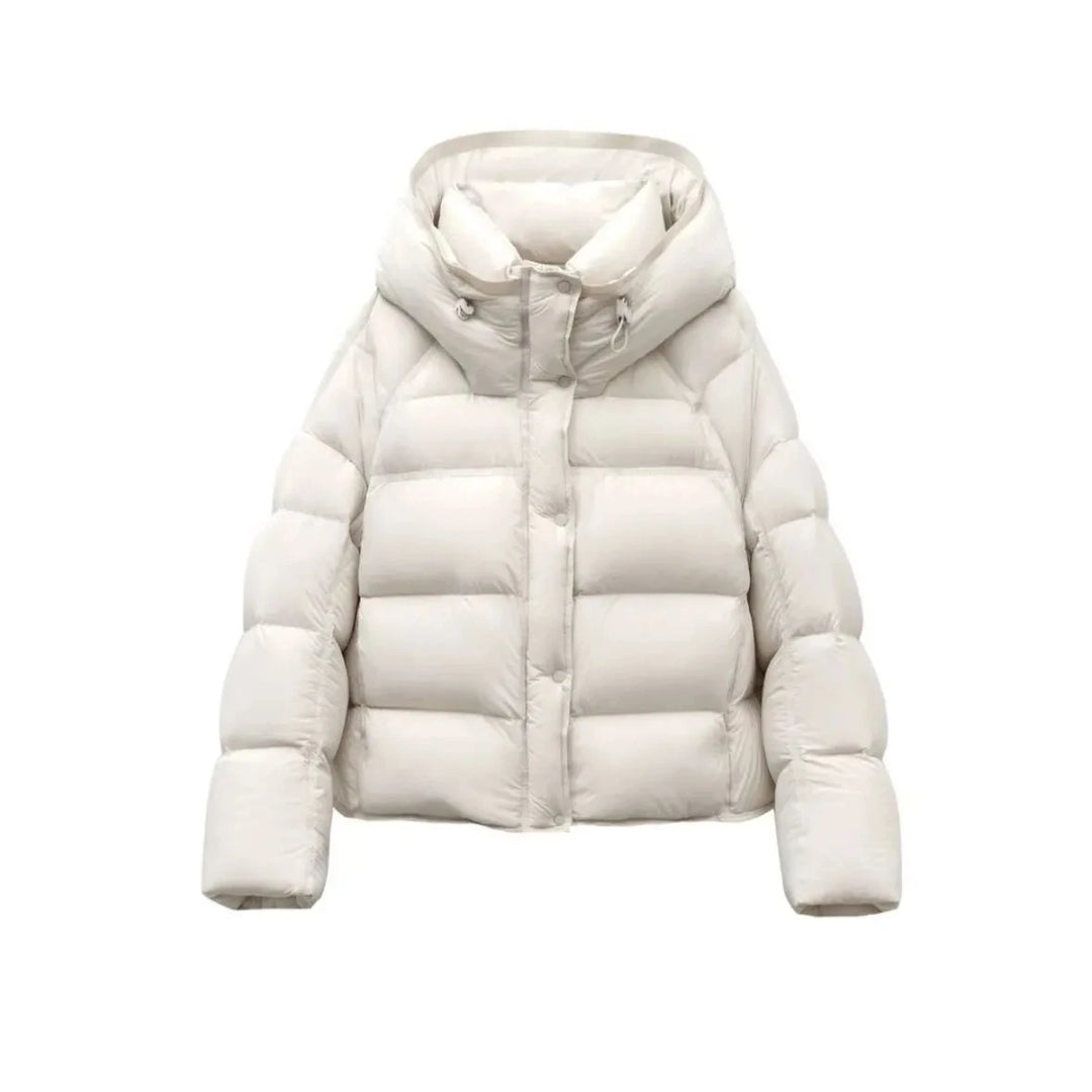 White hooded puffer coat with cotton padding and front zip closure