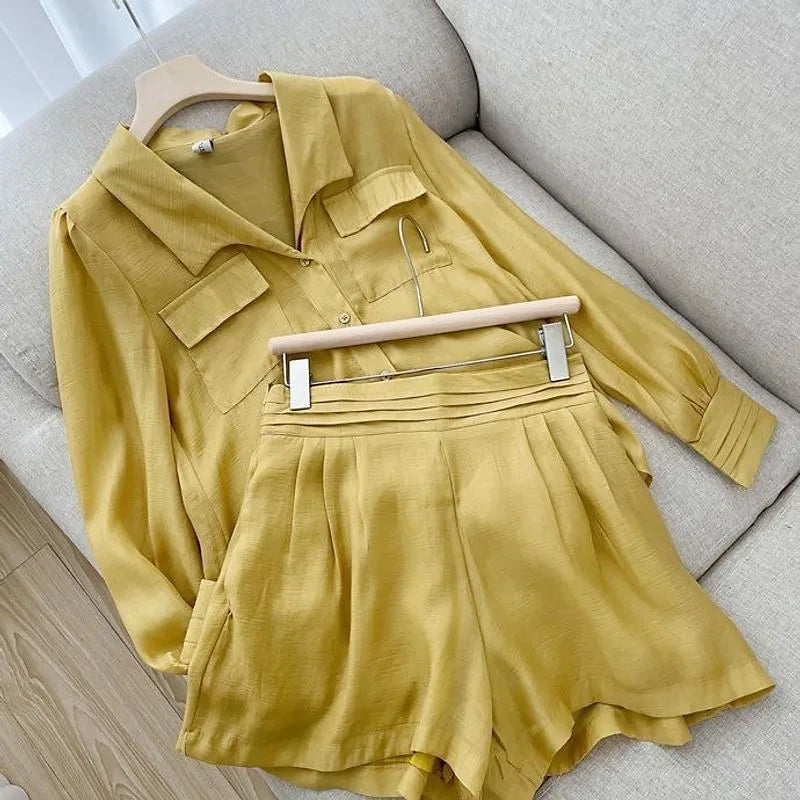 Casual Light Airy Long Sleeve Shirt and Short Sets