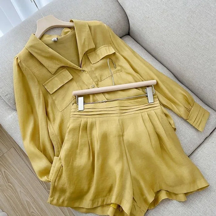 Casual Light Airy Long Sleeve Shirt and Short Sets