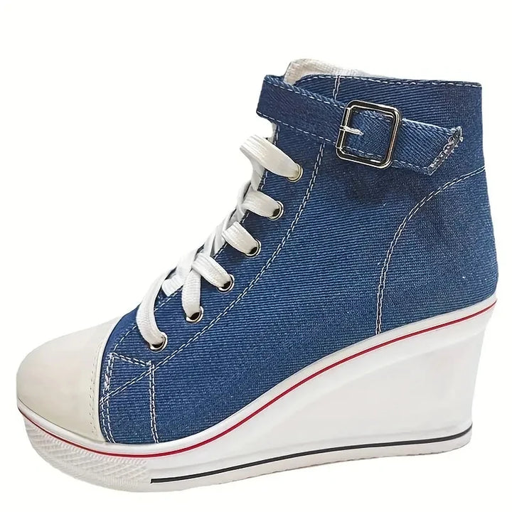 Funky Fresh Lace Up High Top High Wedge Denim Sneakers