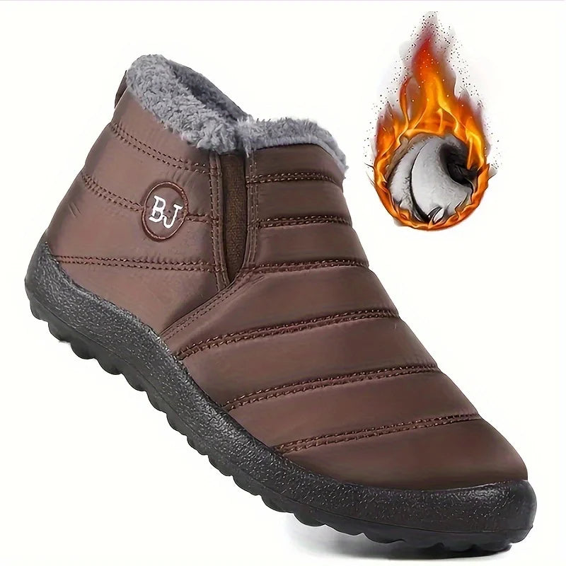 Brown winter boot with gray lining and BJ logo on a white background