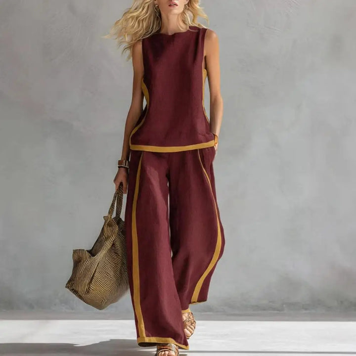 Dark red sleeveless vest and wide-leg pants set with gold trim