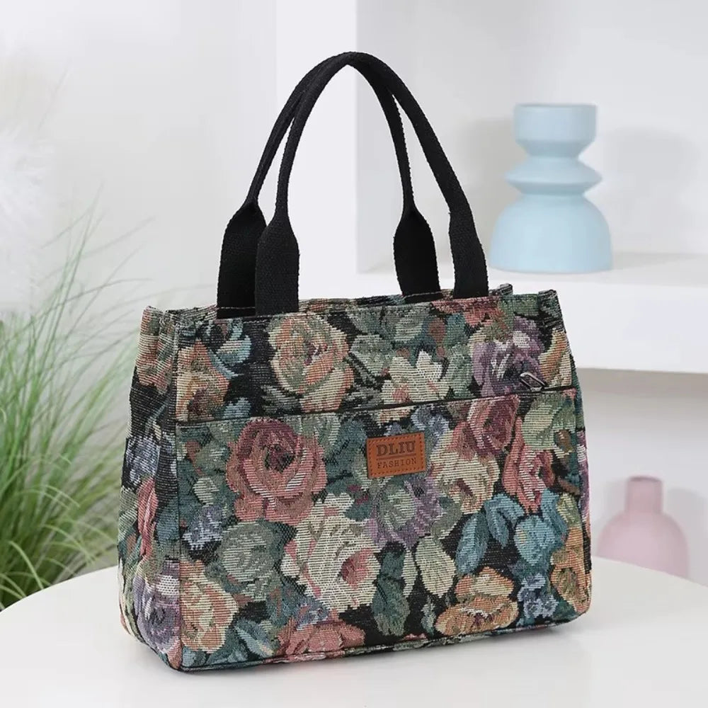 Floral Canvas Zip Tote With Jacquard Detail & Large Capacity