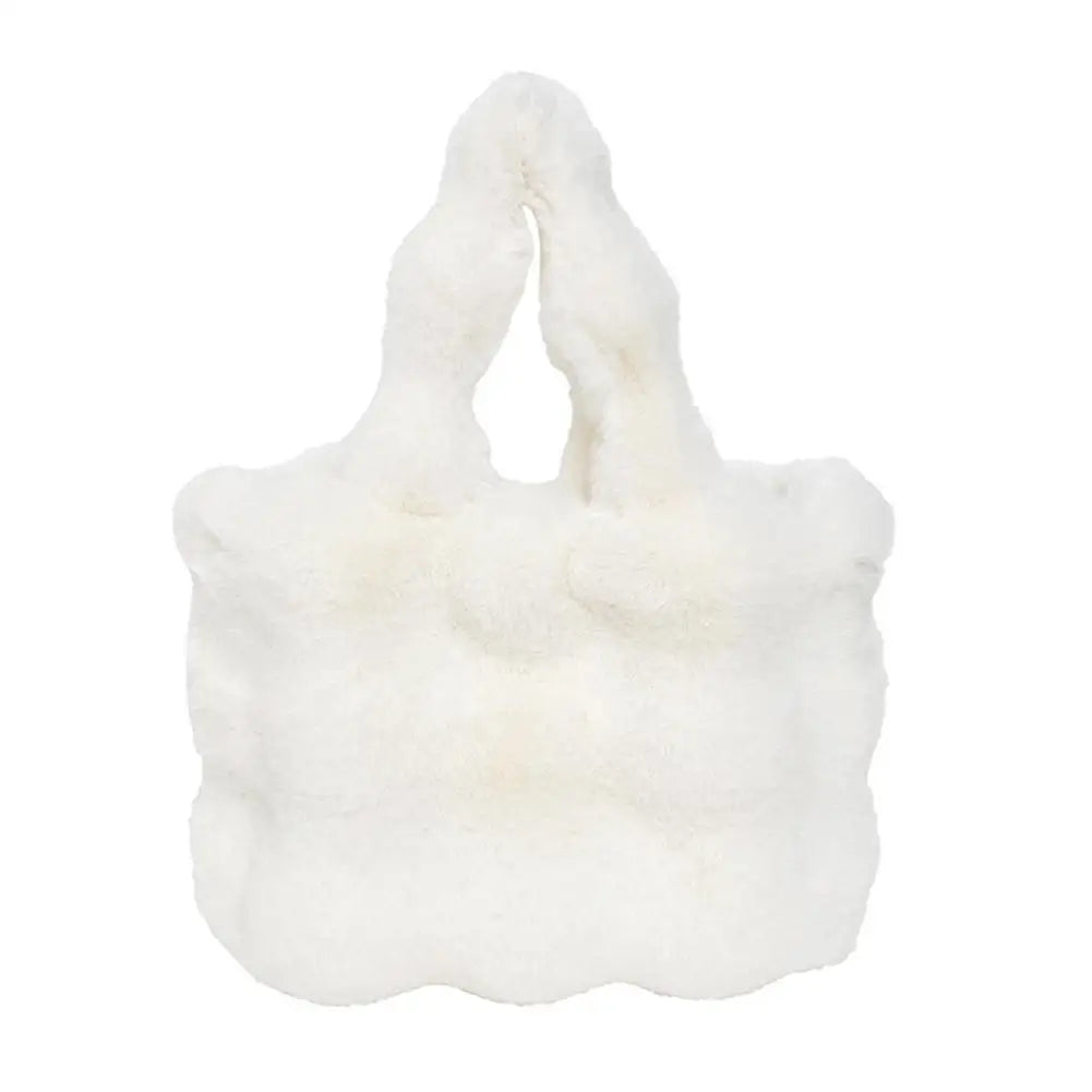 White plush faux fur bucket handbag with short loop handles