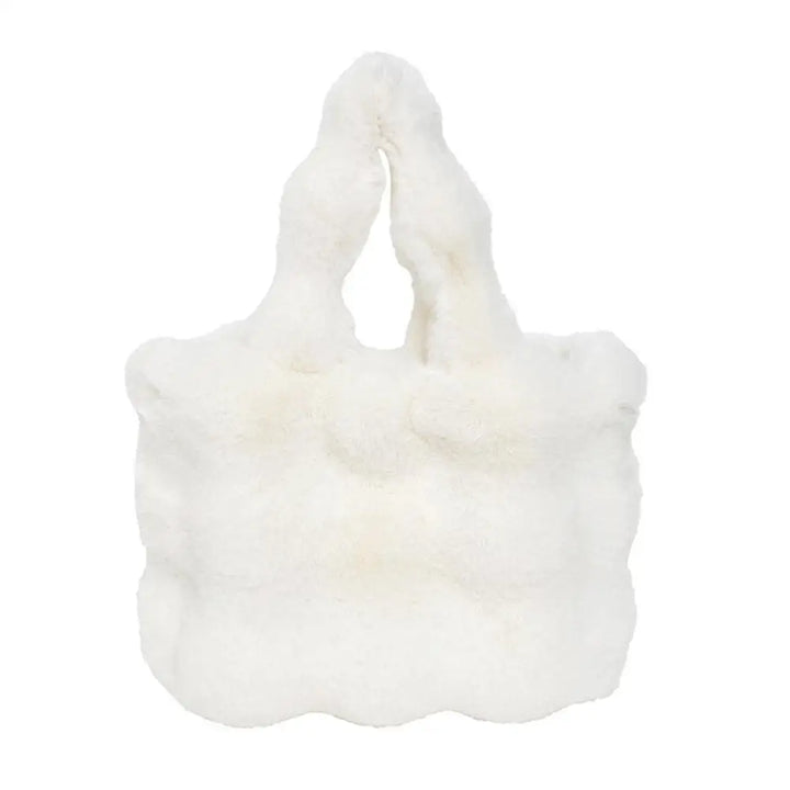 White plush faux fur bucket handbag with short loop handles