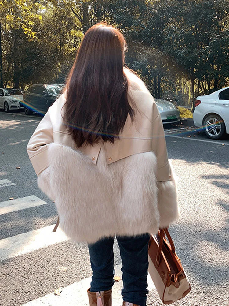 Creamy-white Lapel Zipper Design Leather Fur Coats