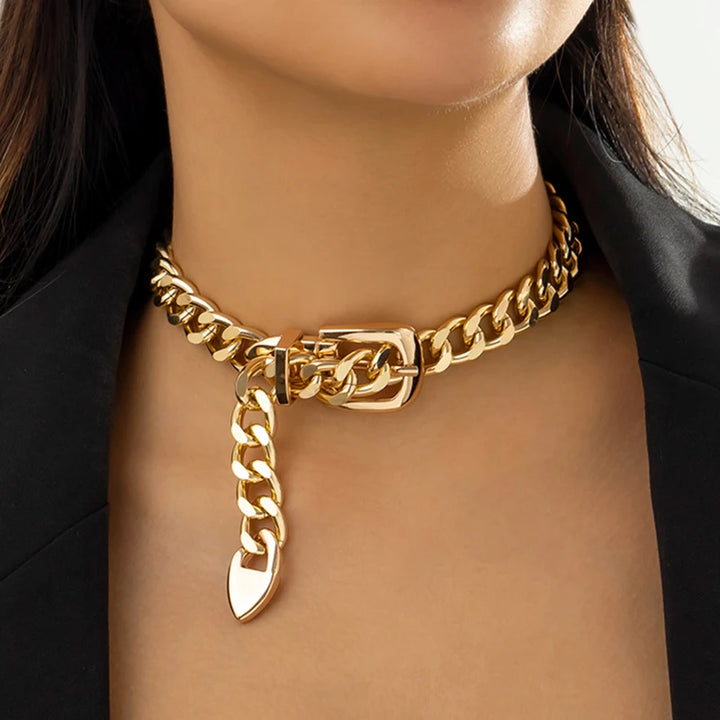 Gold chunky chain choker necklace with clasp and heart drop