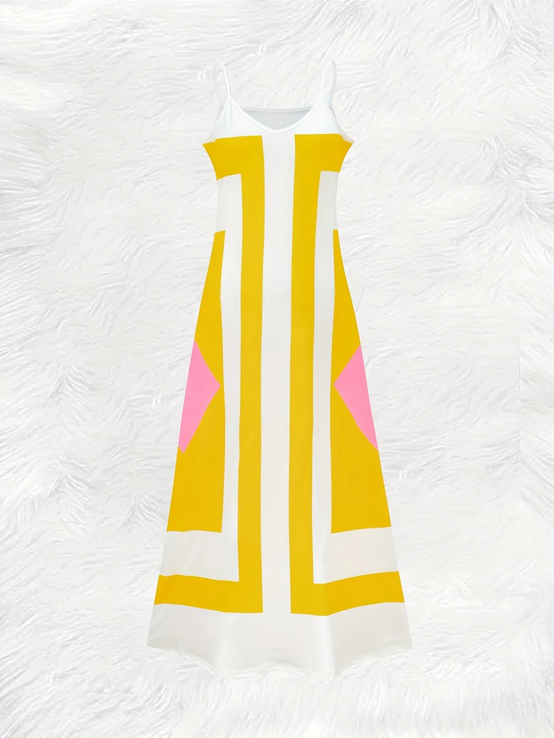 Yellow and white dress with pink accents on a textured white background