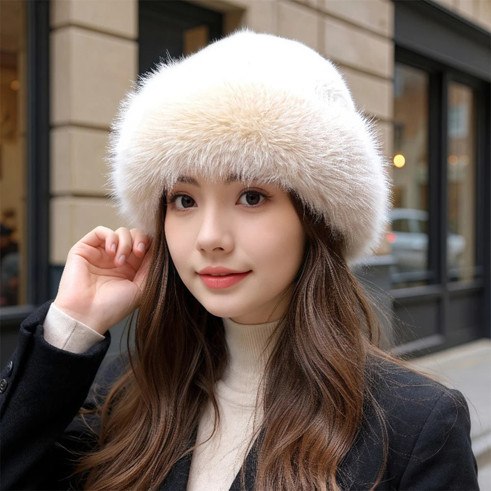 Warm plush faux fur hat, white with soft fold-over plush brim