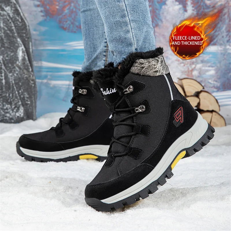 Black lace-up platform ski boots with plush fur lining and grippy tread outsole