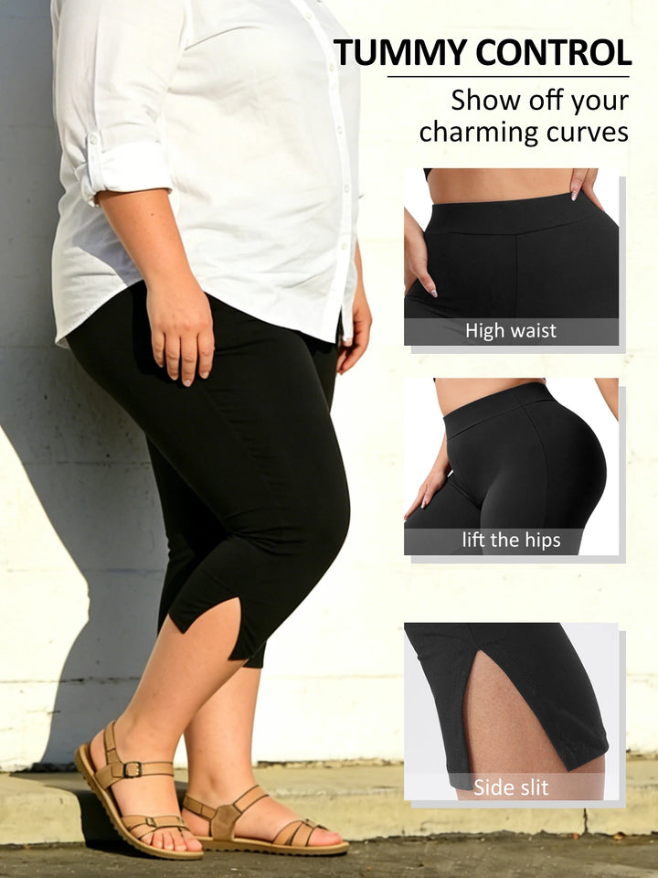 Black high-waist tummy-control capri leggings with side slits