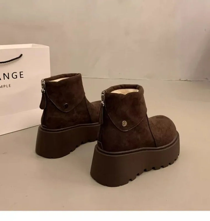 Brown wool-lined ankle boots with button strap and chunky platform sole
