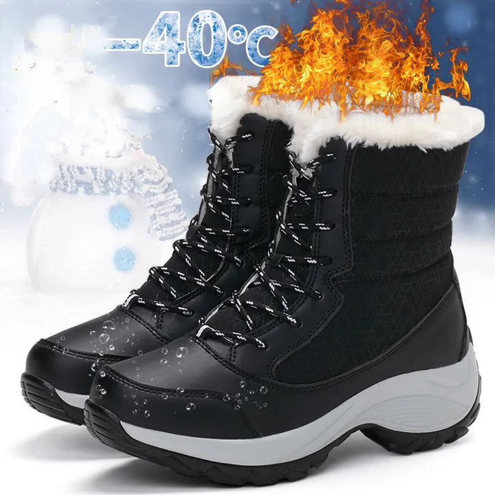 Women's lace-up snow boots, black with white plush lining and chunky sole