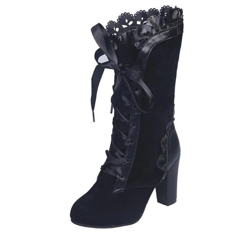 Lace Ruffles Leather Suede Square High Heel Boots