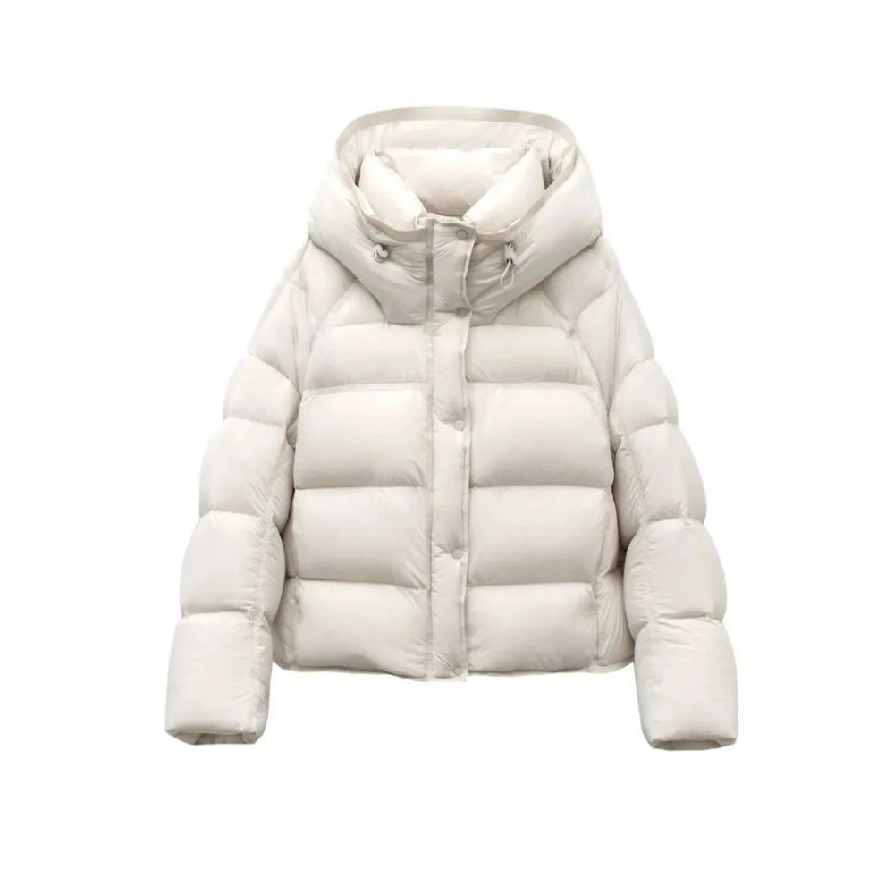 White hooded puffer coat with cotton padding and front zip closure