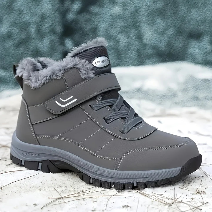 Gray winter snow boots with plush lining and hook-and-loop strap, durable traction sole