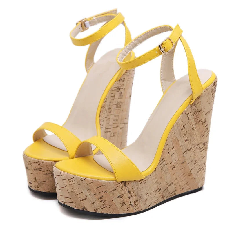 Eilyken women’s yellow wedge platform sandals with ankle buckle and open toe straps
