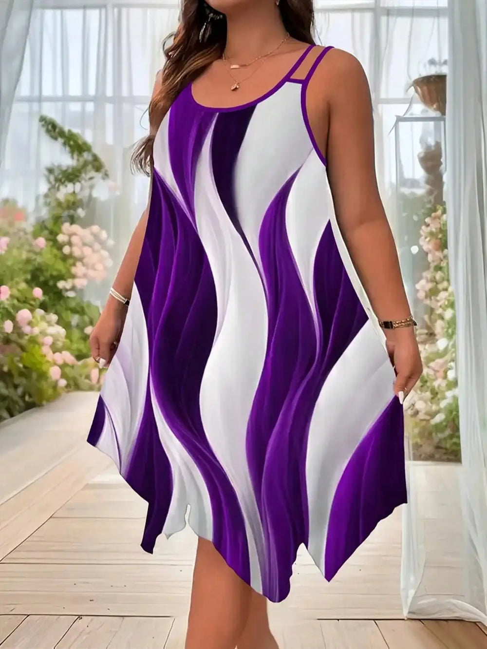 Woman wearing a purple and white dress with floral background