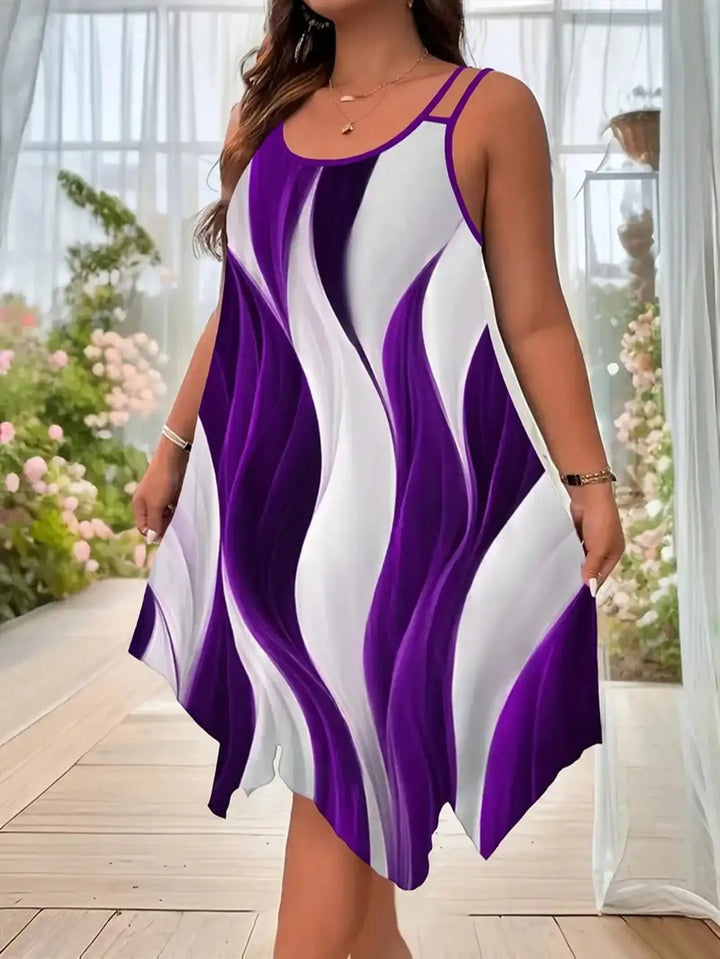 Woman wearing a purple and white dress with floral background