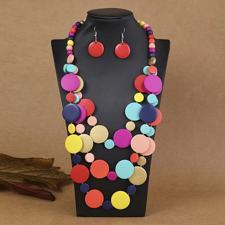 Beaded multilayer necklace and drop earrings set with colorful round beads, silver-tone hooks