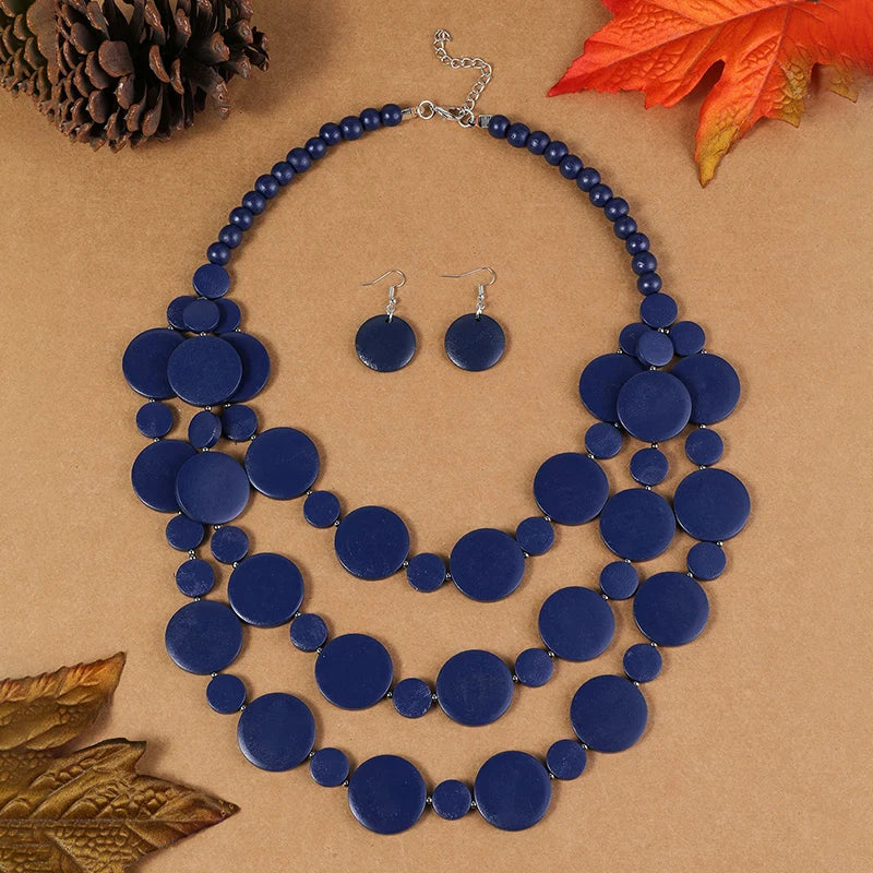 Navy blue multilayer disc beaded necklace set with matching round dangle earrings