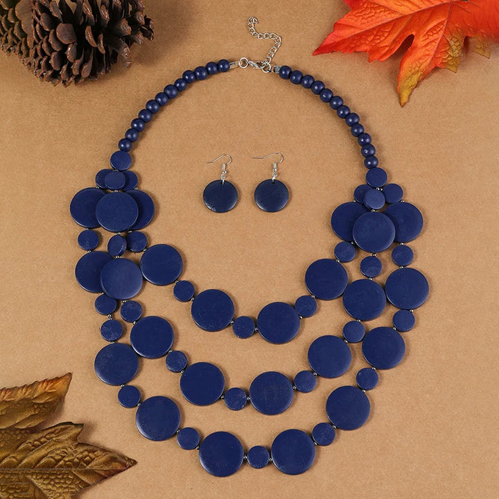 Navy blue multilayer disc beaded necklace set with matching round dangle earrings