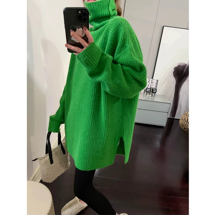 Split Oversized Knitted Long Plus Size Turtleneck Sweaters