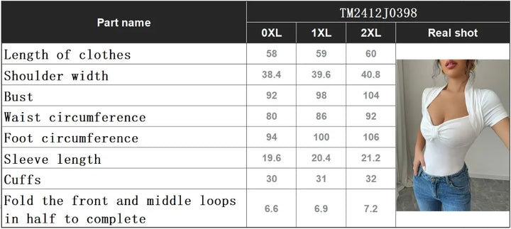 Measurement chart for clothing sizes with a real shot of a person wearing a white top and blue jeans.