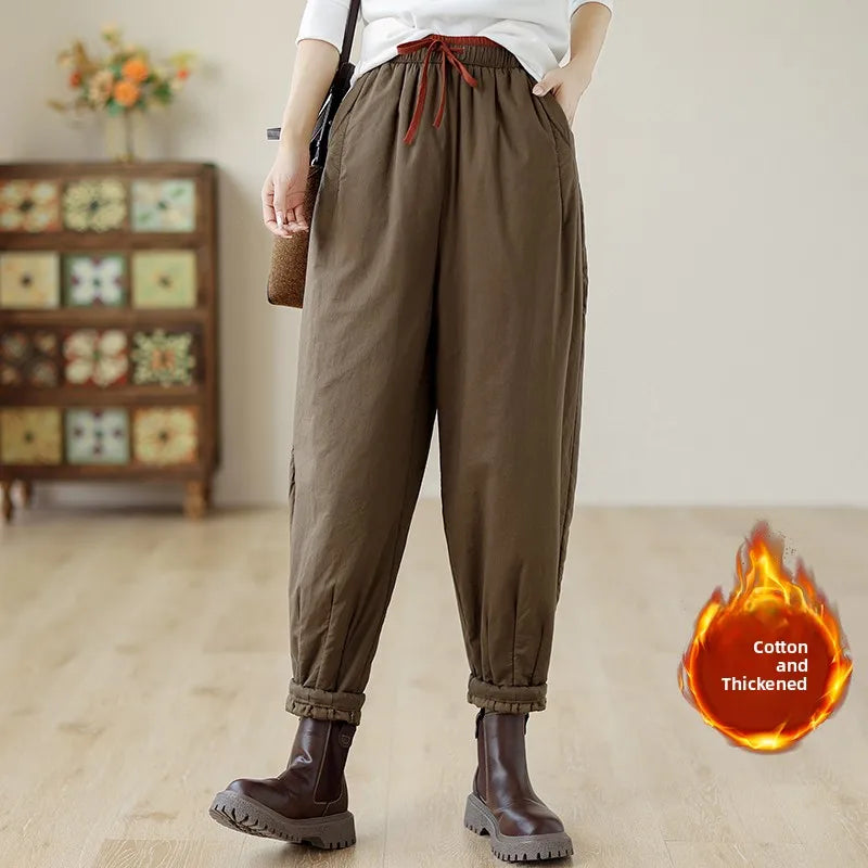 Women's Plus Size Khaki Harem Pants With Elastic Waist And Red Drawstring, Front View