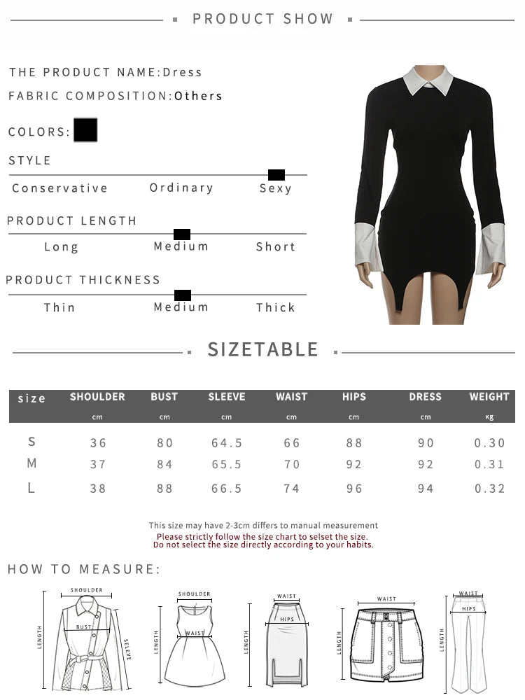 Product display of a black dress with size chart and measurement guide.