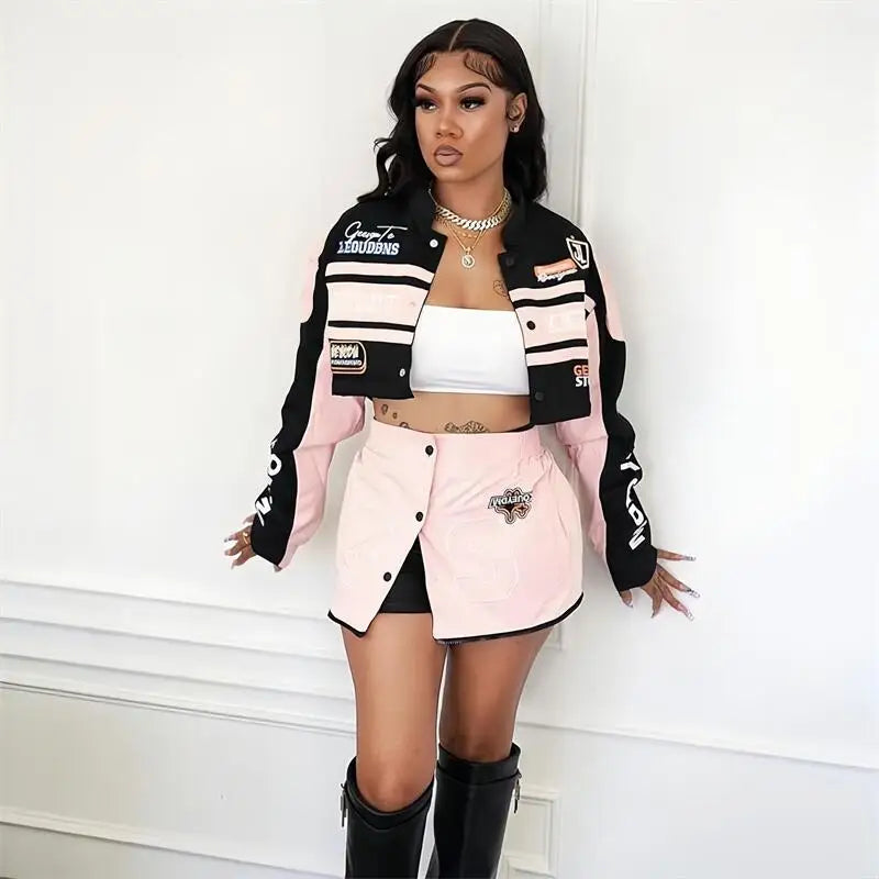 Y2k Crop Motorcycle Jacket &  Detachable Buttons Mini Skirt Set - Flossy Mom