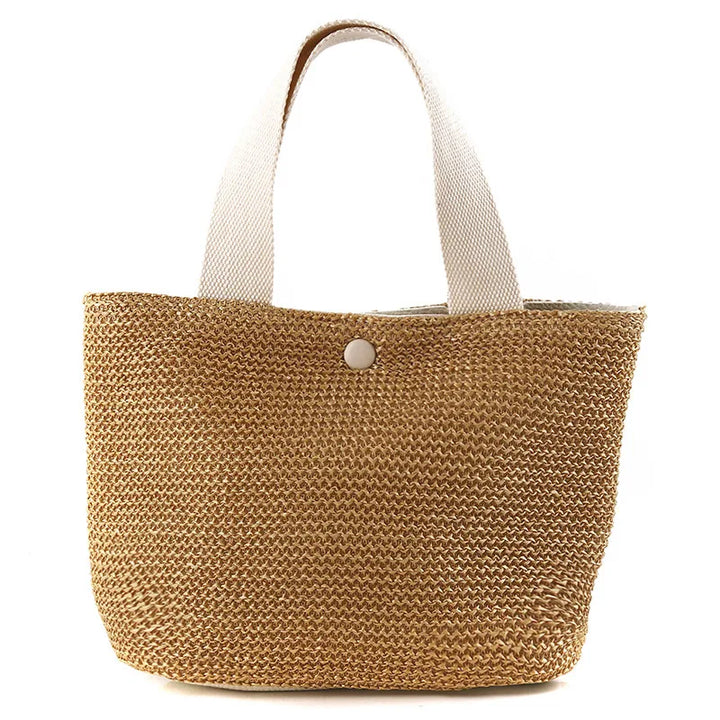 Beige woven straw bucket handbag with light fabric handles and round top button