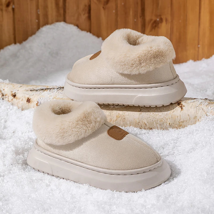 Women’s light beige winter snow boots with fluffy sherpa cuff and slip-on strap