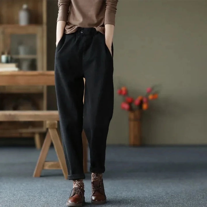 Women's Black Thin-Option Harem Pants Styled With Brown Lace-Up Boots